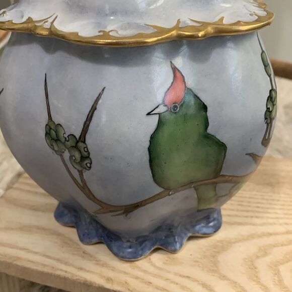 Vintage M.Z. Austria Hand Painted Bird Scene Covered Jar - Picture 6 of 17